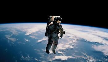 futuristico uomo d'affari nel spazio completo da uomo in piedi su blu pianeta, esplorando generato di ai foto
