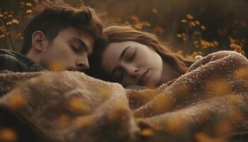 un' giovane coppia nel amore, Abbracciare una persona all'aperto nel autunno bellezza generato di ai foto