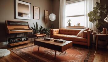 moderno lusso vivente camera con elegante legna pavimentazione e confortevole divano generato di ai foto