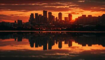 il vivace città orizzonte si illumina nel il Multi colorato tramonto generato di ai foto