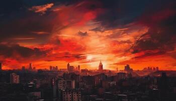 drammatico tramonto si illumina urbano orizzonte, Multi colorato grattacieli retroilluminato di crepuscolo generato di ai foto