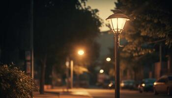 il vecchio stile lanterna illuminato il strada, la creazione di un elegante atmosfera generato di ai foto