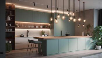 moderno cucina design con elegante illuminazione, legna Materiale, e lusso arredamento generato di ai foto