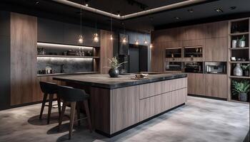 moderno cucina design lusso legna Materiale, inossidabile acciaio elettrodomestici, elegante arredamento generato di ai foto