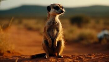 mettere in guardia meerkat seduta nel il natura selvaggia, Guardando tramonto con messa a fuoco generato di ai foto