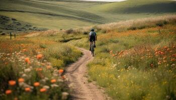 montagna bike attraverso fiori selvatici, un' salutare all'aperto ricreativo ricerca generato di ai foto