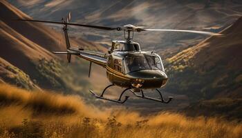 il militare elicottero elica fatto girare, librarsi medio aria al di sopra di montagne generato di ai foto