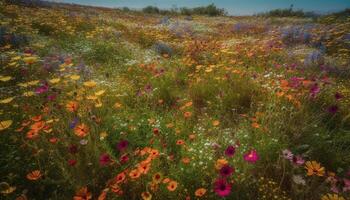 il vivace Fiore di campo prato si illumina nel il estate tramonto generato di ai foto