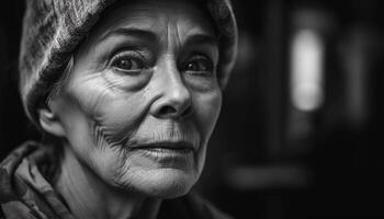 uno allegro anziano donna sorridente a telecamera, all'aperto, grigio capelli generato di ai foto