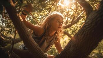 sorridente giovane donne godere spensierato autunno avventura nel natura bellezza generato di ai foto