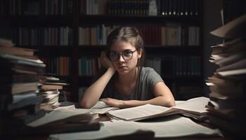 uno donna studiando letteratura, circondato di libri di testo e frustrazione generato di ai foto