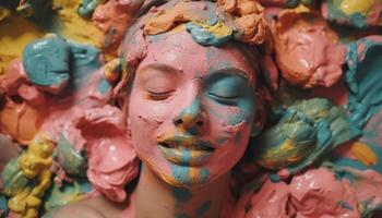 colorato indiano Festival celebra creatività, spiritualità, e disordinato corpo dipingere generato di ai foto