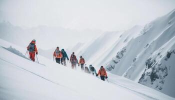 un' gruppo di uomini escursioni a piedi per il montagna picco per avventura generato di ai foto