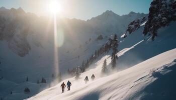 uomini sciare giù montagna picco, godendo inverno sport avventura generato di ai foto