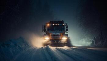 sfocato movimento di semi camion consegna carico attraverso nevoso montagna passaggio generato di ai foto