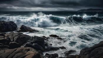 rottura onde schianto contro roccioso scogliera, drammatico cielo sopra generato di ai foto