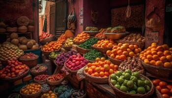 vivace strada mercato vende varietà di fresco tropicale frutta e verdure generato di ai foto