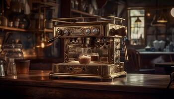 barista prepara fresco cappuccino utilizzando vecchio stile caffè macinino in casa generato di ai foto
