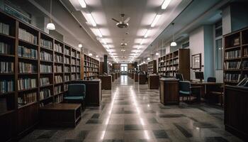 un' moderno biblioteca con un' grande collezione di letteratura archivio generato di ai foto