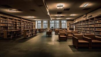 un' moderno biblioteca al chiuso, con righe di libri su scaffali generato di ai foto