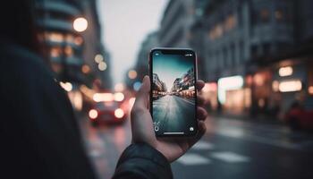 uomo d'affari Tenere inteligente Telefono, Fotografare paesaggio urbano a crepuscolo generato di ai foto