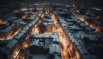 il illuminato città orizzonte a crepuscolo, un' inverno Paese delle meraviglie generato di ai foto