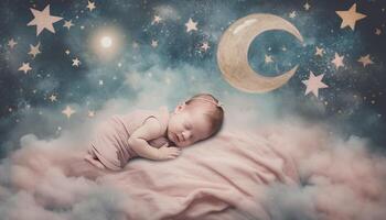 neonato bambino ragazzo addormentato pacificamente sotto stellato onirico galassia coperta generato di ai foto