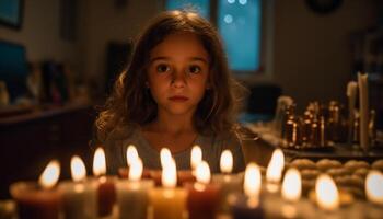 un' carino caucasico ragazza sorridente, Tenere un' ardente candela in casa generato di ai foto