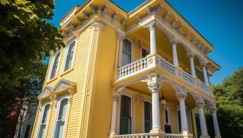 il vecchio stile coloniale edificio con giallo facciata trasuda eleganza generato di ai foto