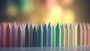 un' vivace arcobaleno spettro di colorato matite nel un' riga generato di ai foto