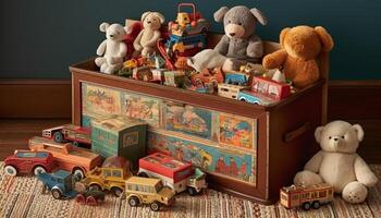 bambino immaginazione corre selvaggio con Multi colorato giocattolo collezione in casa generato di ai foto