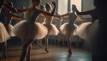 grazioso balletto ballerini eseguire su palcoscenico, trasudante eleganza e abilità generato di ai foto