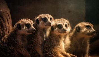 un' carino meerkat in piedi nel un' riga, guardare mettere in guardia e piccolo generato di ai foto