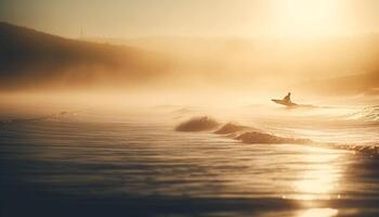 silhouette di adulto fare surf a crepuscolo, riflettendo su tranquillo paesaggio marino generato di ai foto