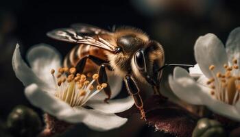 occupato miele ape impollina singolo giallo fiore nel primavera bellezza generato di ai foto