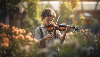 uno ragazzo giocando violino all'aperto, circondato di natura bellezza generato di ai foto