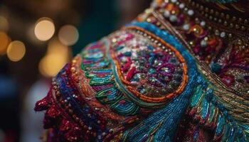 ornato sari vetrine vivace colori e intricato ricamo per eleganza generato di ai foto