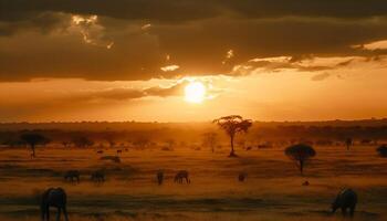 Alba al di sopra di africano savana, natura sagome nel tranquillo bellezza generato di ai foto