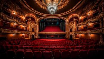 il vuoto auditorium velluto sedie await il teatrale prestazione fama generato di ai foto