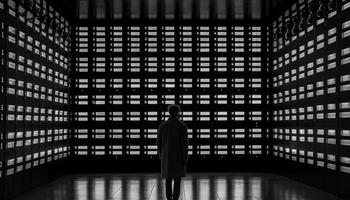uno adulto in piedi nel un' moderno corridoio con astratto design generato di ai foto