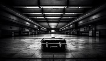 abbandonato bagaglio di fuga in il futuristico metropolitana Ingresso sala generato di ai foto