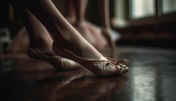 elegante balletto ballerino a piedi nudi riflette sensualità su di legno palcoscenico generato di ai foto