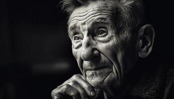 vecchio uomo tristezza catturato nel bene arte ritratto, guardare a telecamera generato di ai foto