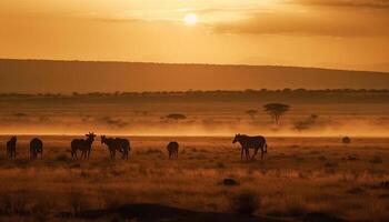 tramonto al di sopra di africano savana, un' mandria di pascolo elefanti generato di ai foto