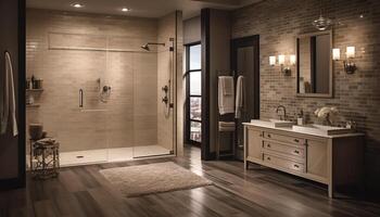 moderno lusso appartamento con elegante bagno design e confortevole Camera da letto generato di ai foto