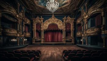 il maestoso palcoscenico Teatro illuminato nel oro, un' teatrale prestazione generato di ai foto