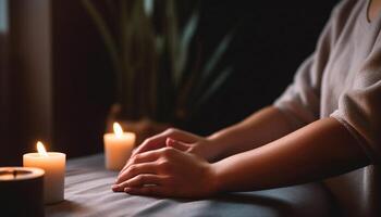 uno donna meditando, Tenere candela, godendo tranquillo, raggiante rilassamento generato di ai foto