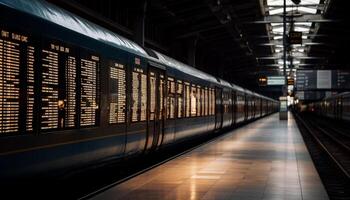 dentro il illuminato metropolitana stazione, viaggiatori aspettare per loro treno generato di ai foto