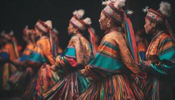 indigeno culture celebrare tradizionale festival con colorato capi di abbigliamento e danza generato di ai foto