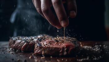 grigliato bistecca filetto, cucinato per perfezione, servito su rustico piatto generato di ai foto